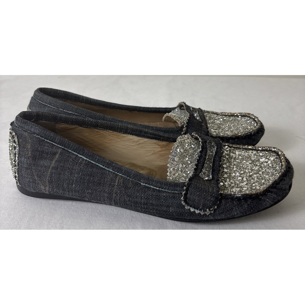 Stuart Weitzman Loafers Denim Glitter Womens 6 Shoes Blue Silver Glam
